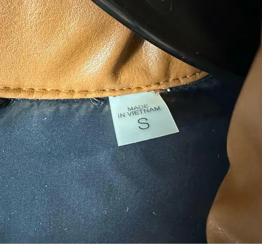 SAM. Isabel Vegan Down Puffer Jacket Faux Leather Stowaway Hood Saddle Brown S