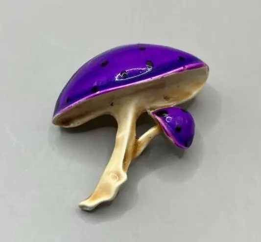 Mushroom Brooch Pin Purple Gold Tone Metal Glazed Small Artsy Boho