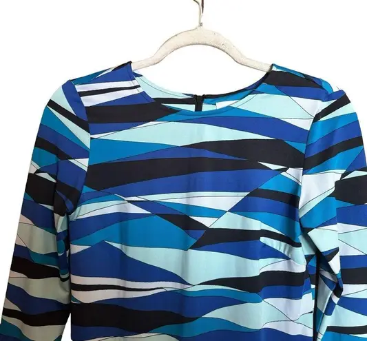 Julie Brown Dress Womens Small Blue Multicolor Geometric Print Sheath Cocktail