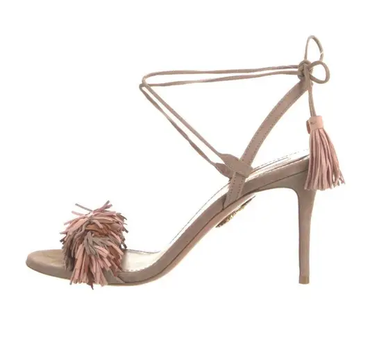 Aquazzura Suede Wild Thing Fringed Sandals Heels Brown Size 6.5