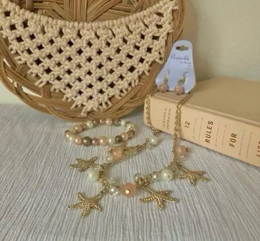 Periwinkle By Barlow Set Pearl Starfish Charm Pink Gold White Earrings Necklace Bracelet