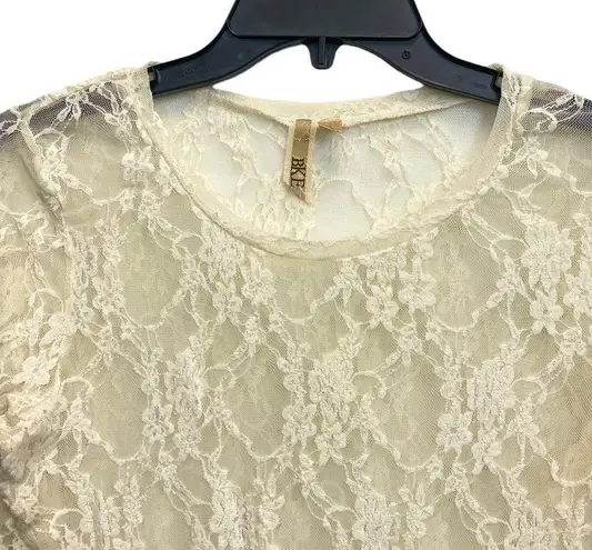 BKE Large Tan Floral Lace Sheer Long Sleeves Fitted Top Y2K