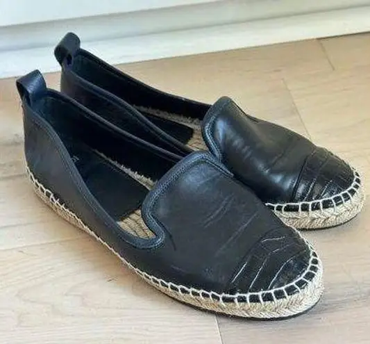 Fendi Black Leather Junia Cap Toe Flat Espadrille Size 37.5 Leather Jute Size 7