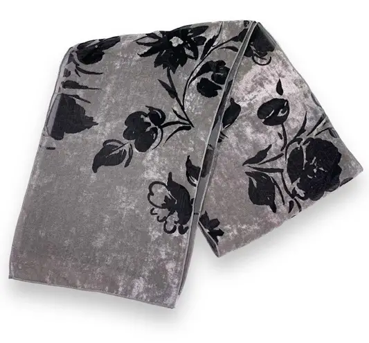 Gray Velour & Sheer Black Floral Scarf