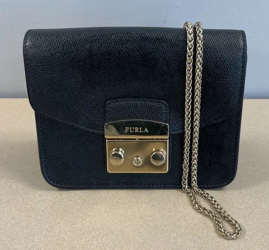 Furla Black Leather Mini Metropolis Chain Crossbody Bag - Preowned