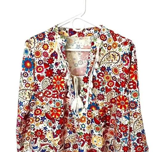 Retro dress/swim cover peace & love theme w/fringe hem, cuffs, & collar size L Red Size L