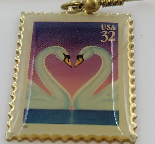 Swan Love 32 Cent Stamp Dangle Earrings Heart Gold Tone Postage Mail USA