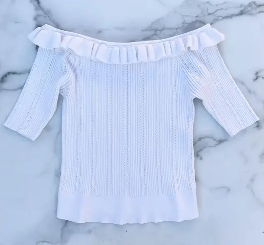 Cinq à Sept Cinq a Sept Amalia ruffled ribbed knit off-the-shoulder 3/4 sleeve crop top S