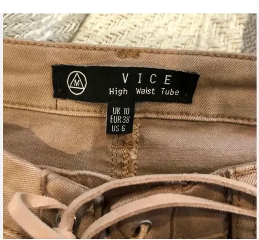 Missguided Vice Sz 6 High Waist Tube Beige Denim Jeans Lace Up Closure FAB!