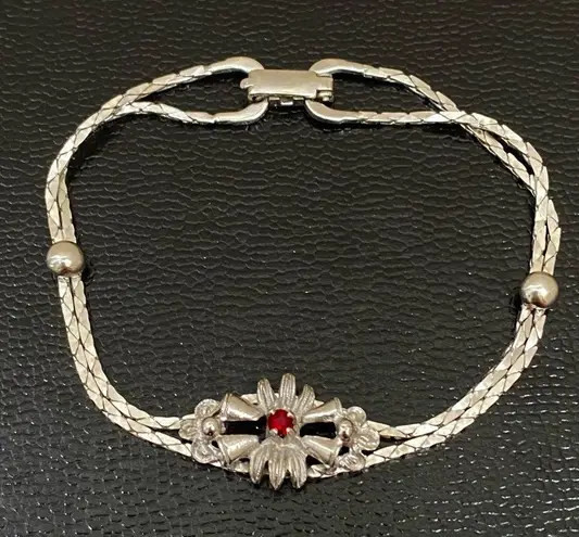 Ruby Vintage Signed Silver Floral Bell Center Double Snake Chain 7.5” Bracelet