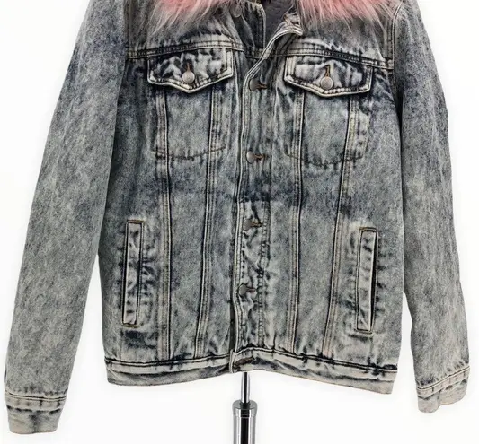 Juicy Couture  Black Label Pink Fur Collar Acid Wash Denim Sherpa Lined Jacket