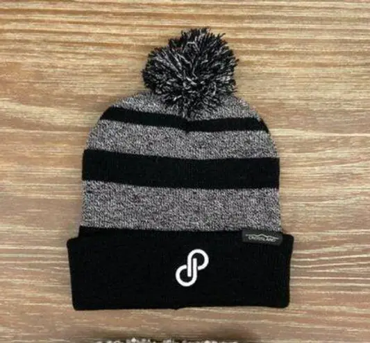 Poshmark Logo Pom Pom Beanie NWT Two Tone Cuffed Winter Cozy Fall Striped Warm Black