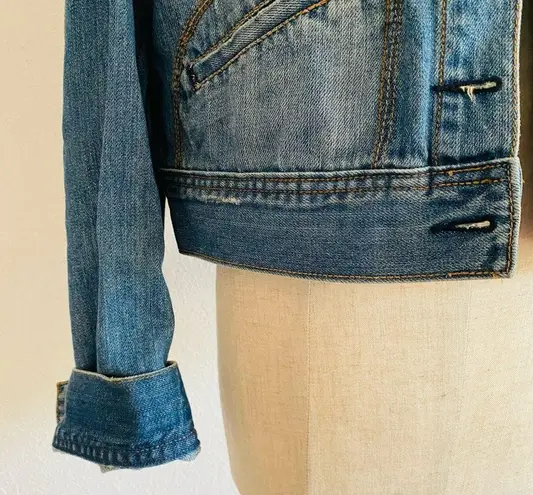 Old Navy Y2K  Denim Blue Jean Cotton Jacket Back Bedazzled Silver Sparkle Cross