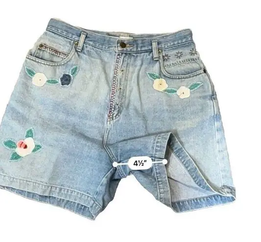 Vintage Embroidered Denim Shorts 90s AJ Brandon Size 13/14‎ Retro Hippie Y2K Blue