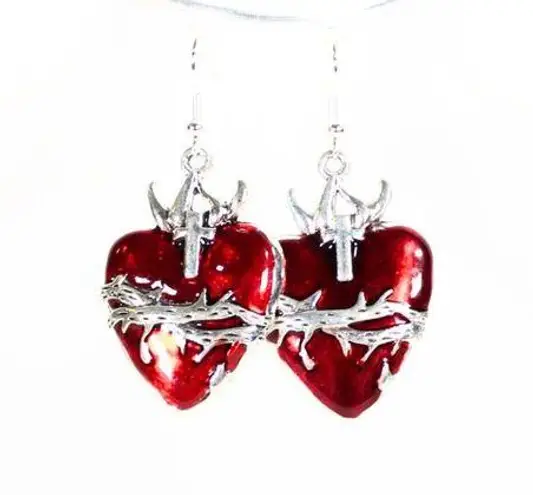 Handmade Grunge Goth Barbed Wire Red Heart Earring Silver-Toned Metal Hypoallergenic Hook
