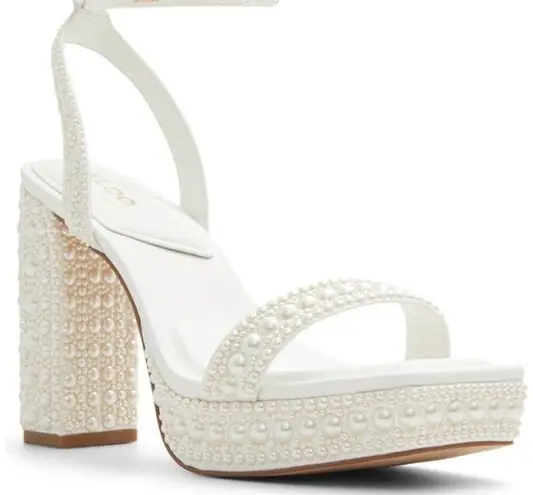 ALDO Lulu White Block Heel Ankle Strap Pearl Embellished Platform Sandals Size 7