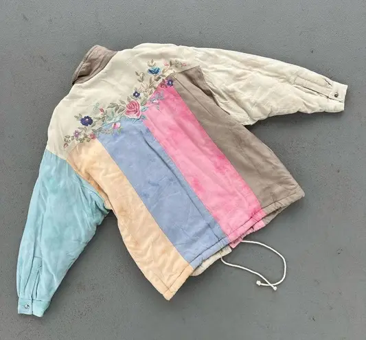 80s 90s pastel tie dye watercolor color block quilted jacket floral embroidery Size XL