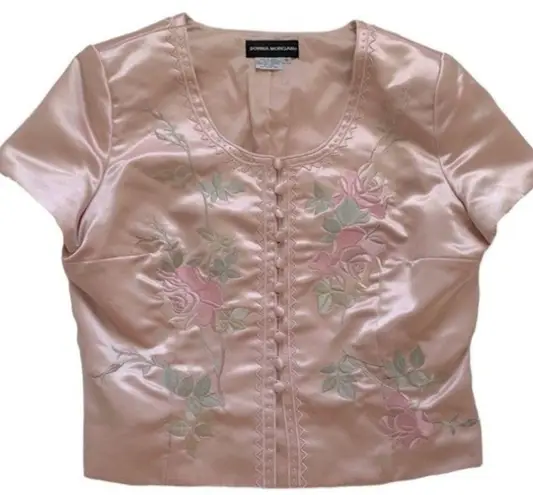 Donna Morgan Jacket Top Satin Pink Embroidered Floral Short Sleeve Formal 16