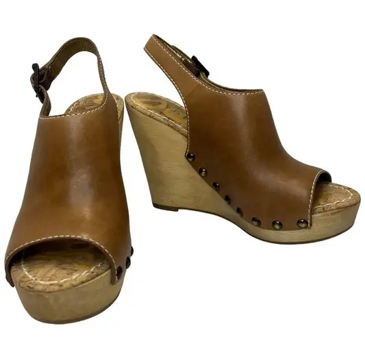 Sam Edelman  Camilla Peep Toe Wooden Wedge Studded Detail Saddle Brown Leather 6