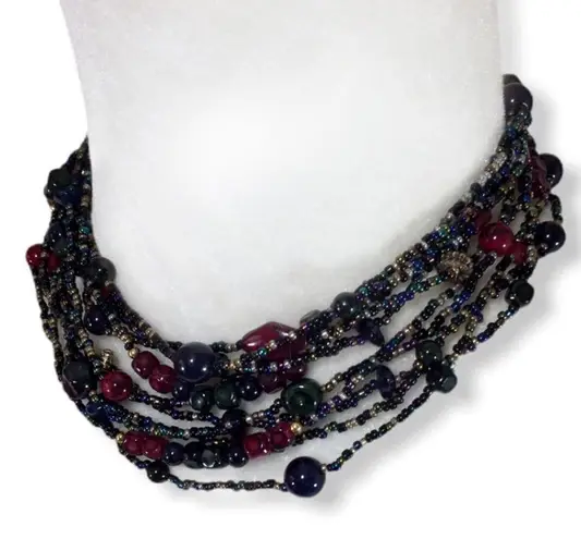 Multi strand glass bead necklace, mixed faux pearls, stone, seed beads