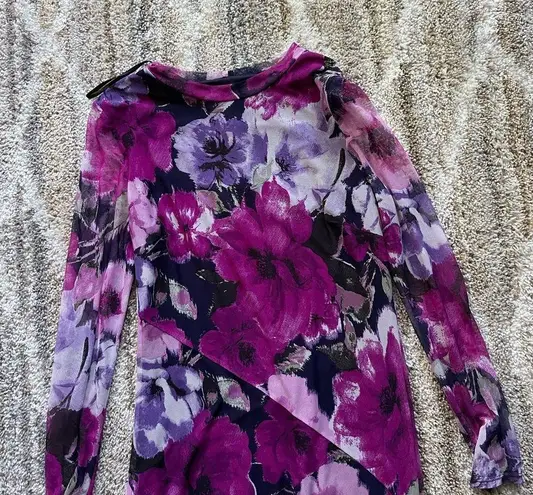 Enfocus Studio Purple floral print longsleeve mesh cocktail midi dress 8 medium