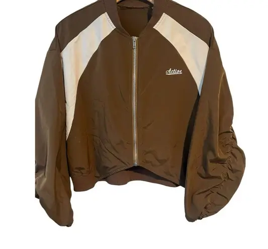 Dazy Jacket Womens Small Brown Cream Cropped Full Zip Long Sleeve Collarless