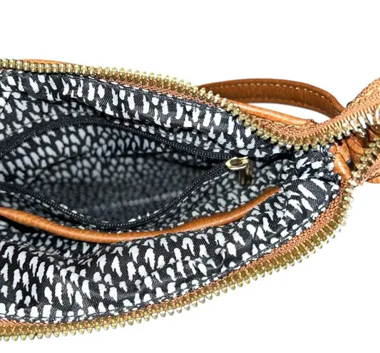 Brown Tan Leather Crossbody Design Bag Purse Gold Detail Square Style Adjustable