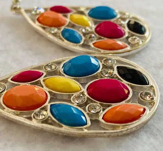 Teardrop Dangle Hook Pierced Earrings Multicolor Faceted Settings Rhinestones