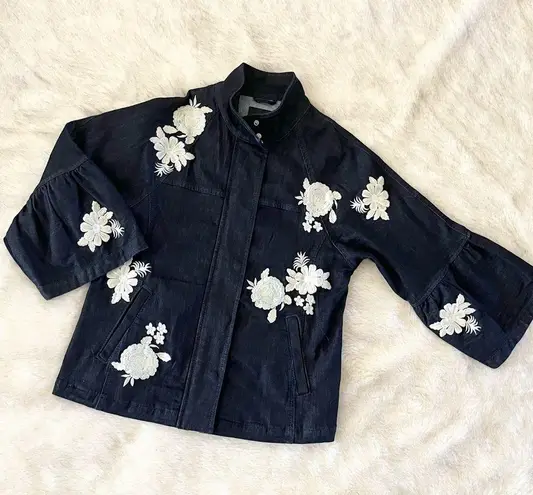 Banana Republic  Dark Denim Floral Flower Embroidered Bell Flare Sleeve Jacket S