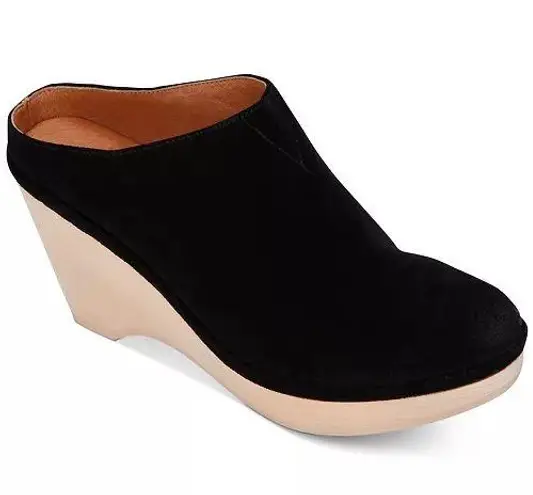 Gentle Souls - Skylar Wedge Mules Black Suede Leather Wood Block Heel