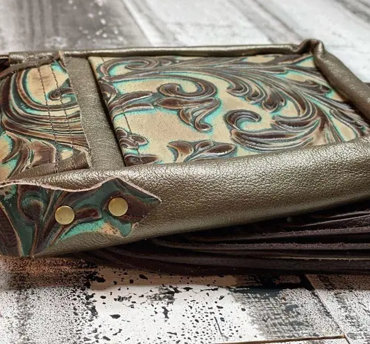 Hide Junky Metallic bronze and accents in turquoise and brown embossed crossbody purse