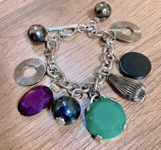 Chunky Vintage Costume Jewelry Silver Plate Lucite Faux Jade Charm NICE