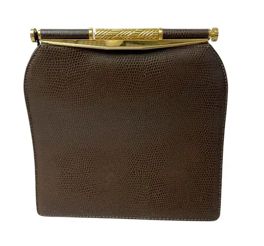 Vtg RODO Italy Leather Frame Handbag Clutch Brown Goldtone Embossed Lined
