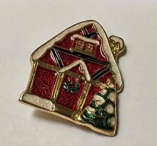 NWOT Signed SFJ Christmas Holiday Brooch Pin Enamel Red House with Tree And Snow