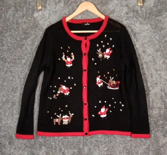 Erika Black Christmas Holiday Natti Style Cardigan Button Up Womens Medium