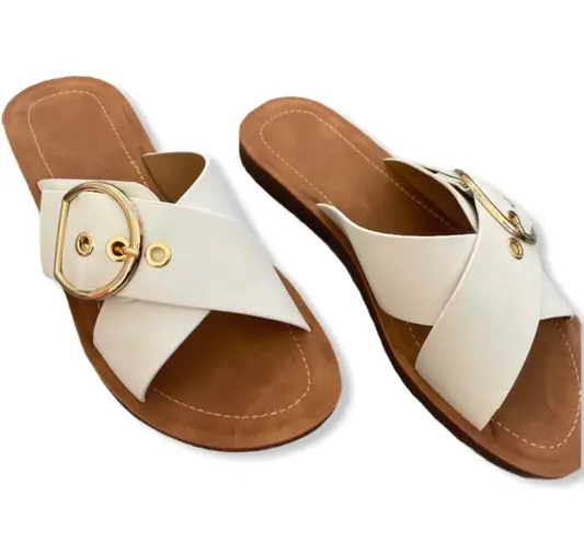 White Adjustable Buckle Criss Cross Sandal Size 8