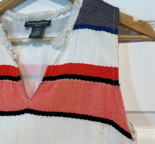 Chelsea & Theodore Woven Striped Fringe Trim Shift Dress 100% Cotton Size SP Blue