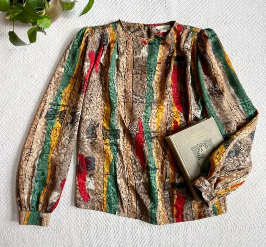 Vintage French Script 80s Satin Brocade Funky Blouse Tan Size 8