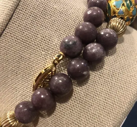Amethyst Vintage Beads and Gold Floral Cloisonné Enamel Beaded Necklace