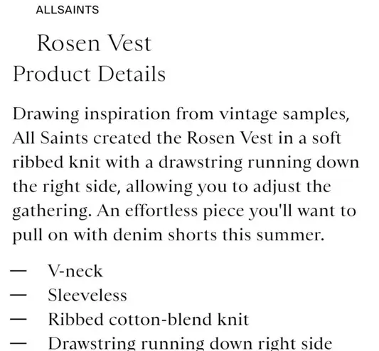 ALL SAINTS Ivory White Rosen Vest Side Cinched Ribbed Sleeveless Tank Size M