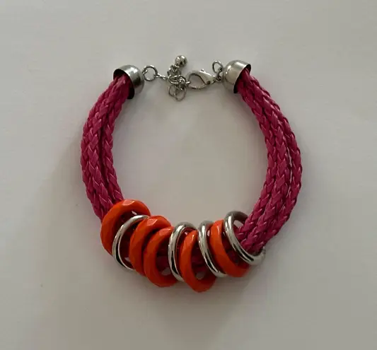 Boho Chic Colorful Bracelet Pink Braided Cords W Orange & Silver Rings