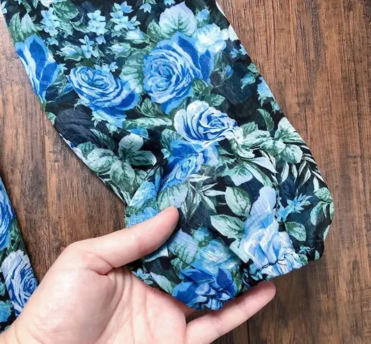 WAYF • Blue Floral Tiered Midi Dress open tie back blouson black rose print