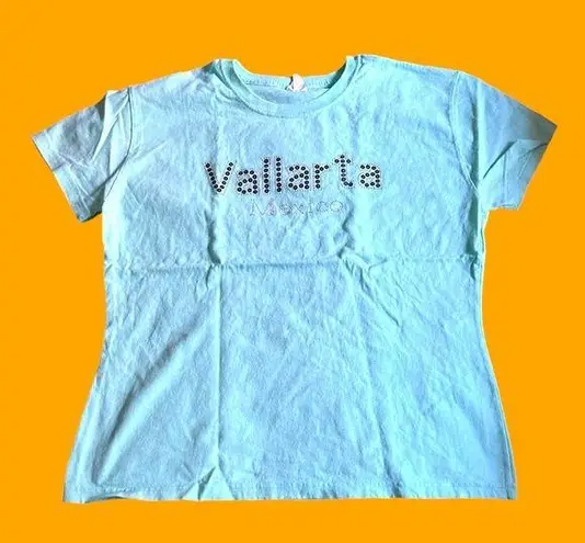 Baby Blue Bedazzled Vallarta Mexico shirt Size XL
