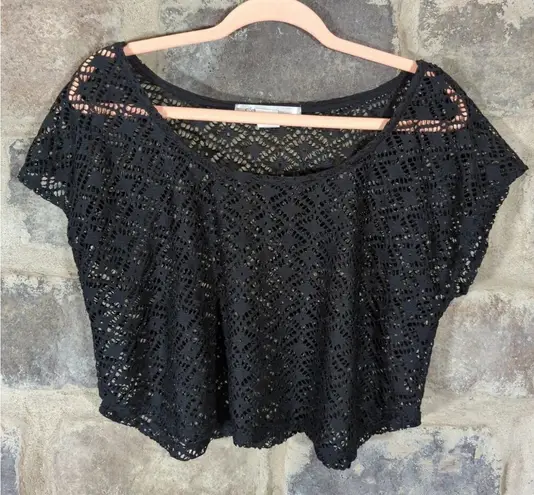 Grass Collection Top Woman's Medium Black Lace Crochet Sheer Cropped Y2K