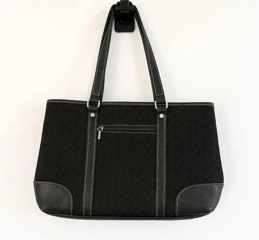 NY & Co Black Monogram Tote Bag Leather Trim Contrast Stitch Shoulder Purse Black