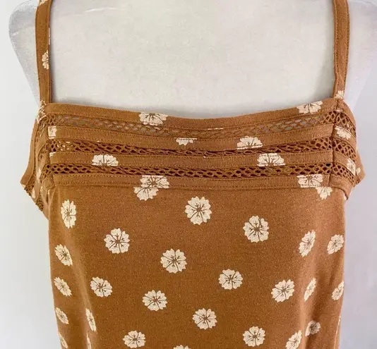 Market & Spruce New Floral Print Linen Blend Lace Trim Tank Top Brown Size Large