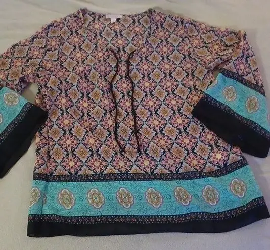 Dressbarn Blouse Women Size M Long Sleeve Flared Multi Color Sheer Top Pink Blue Size M