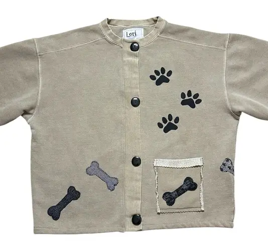 Lori Designs Paw Print Sweatshirt Cardigan Jacket Shacket Dog Bone L Large XL Brown