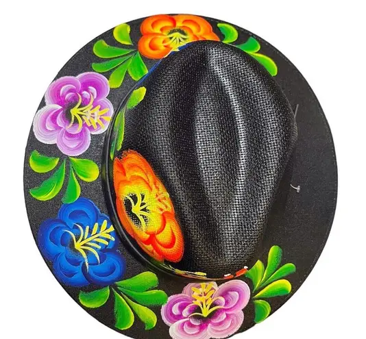 HAT MEXICAN Artisanal Hand Painted Fedora Floral Sombrero Panama Bohemian Black