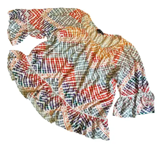 Zac & Rachel Boho Geometric Print Top Size 2X Colorful Indian Gauze Crochet Orange